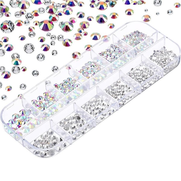 Flat Back Box Crystal Nail Art Decor AB Nails Rhinestones Diamond Beads 12 Grids