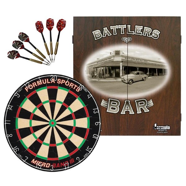 Formula Sports Micro Band 3 Dart Board + Battlers Bar Cabinet + Darts Set