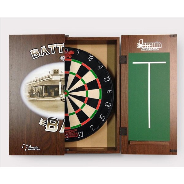 SHOT DARTS Bandit Original Bristle Dart Board + Battlers Bar Holden Cabinet + Darts