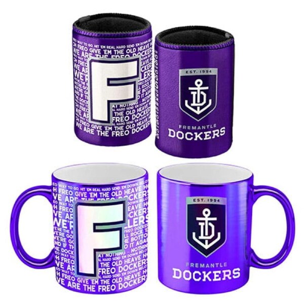 Fremantle Dockers Freo AFL Metallic Can Cooler and Coffee Mug Cup Gift Pack