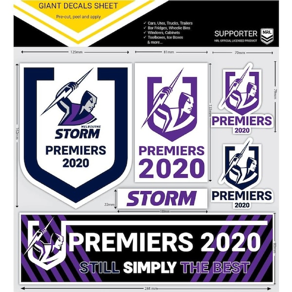 Melbourne Storm NRL GIANT Decal Sticker Sheet 2020 Premiers Premiership