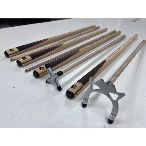 FULL ASH With Red Wood Flame Pool Cue REST Set 2 x cues, 1 x Satin Chrome Rest, 1 x Satin Chrome Spider