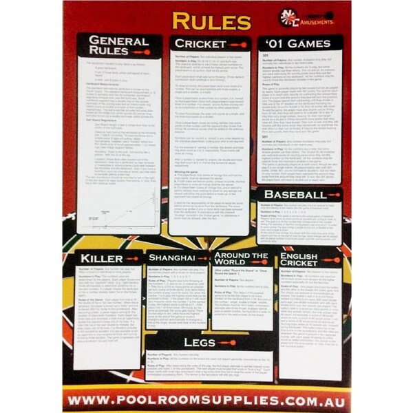 DART Board Darts General RULE BOOK CHART POSTER mounting instructions Cricket Keller