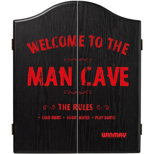 WINMAU Dart Board Cabinet Black Red Man Cave Cold Beer Good Mates Play Darts