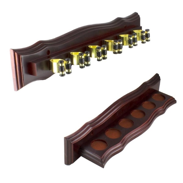 Mahogany Pool Snooker Billiard Table Cue Wall Rack (Brass Cue Clips)