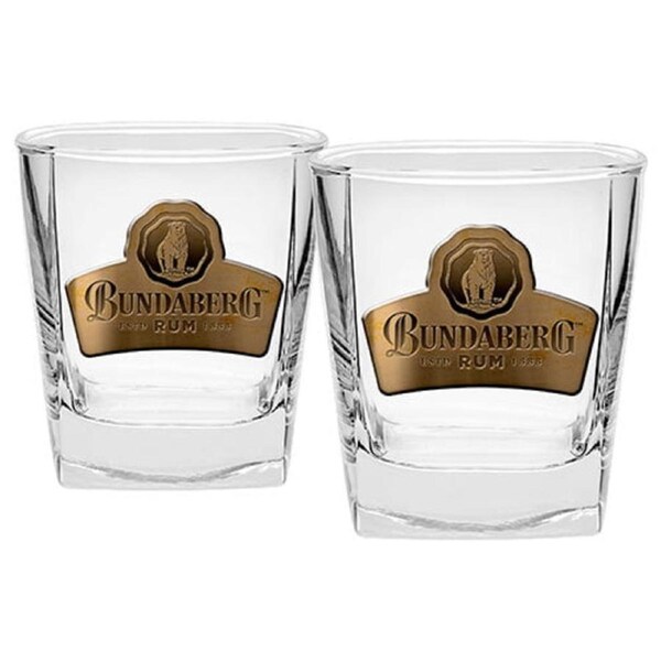 Bundaberg Rum Bundy Bear Set of 2 Glass Spirit Glasses Metal Badge