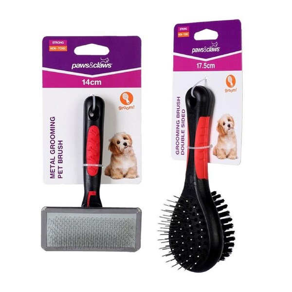 2pc Paws & Claws 14cm Metal & 17.5cm Double Sided Pet Cat/Dog Grooming Brush