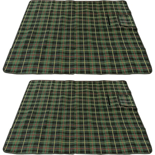 2x Picnic Tartan Rug 130x150cm w/ Carry Handle Strap/Waterproof Backing Green