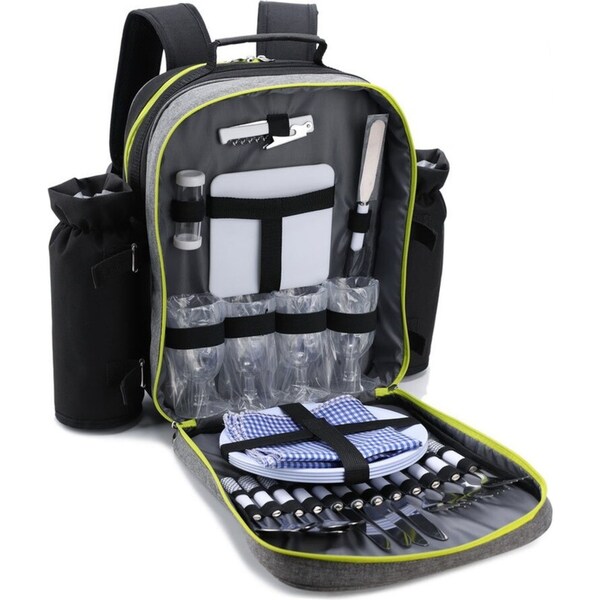 4 Person Picnic Bag Set/Backpack Wine Glasses Cutlery/Knives/Forks/Spoons Black