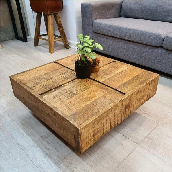 MANGO TREES "Spencer" Coffee Table Rough Finish Solid Timber 68cm