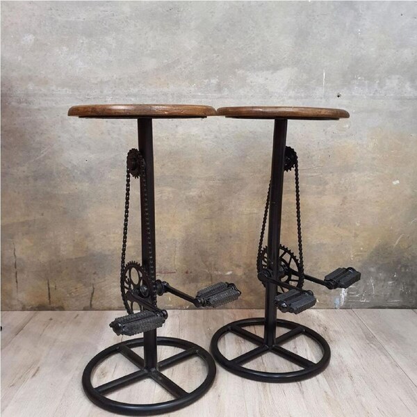 [MANGO TREES] 2x "Bike Pedals" Wooden Bar Stools 76cm