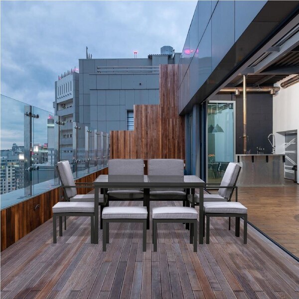 Florence 9 Piece Solid Aluminum Metal Outdoor Cube Dining Set Glass Top Table Armchair Ottoman Furniture - Gunmetal