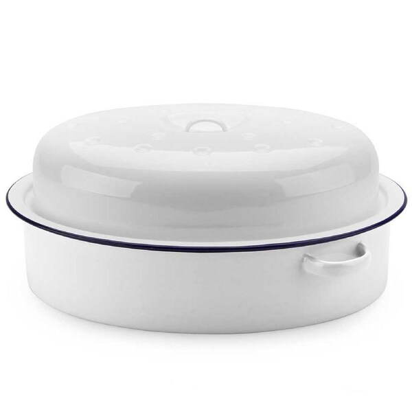 Falcon Enamelware 36cm Oval Roaster in White with Blue Rim