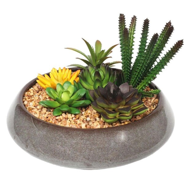 Potted Artificial Succulents with Round Decorative Bowl 19cm