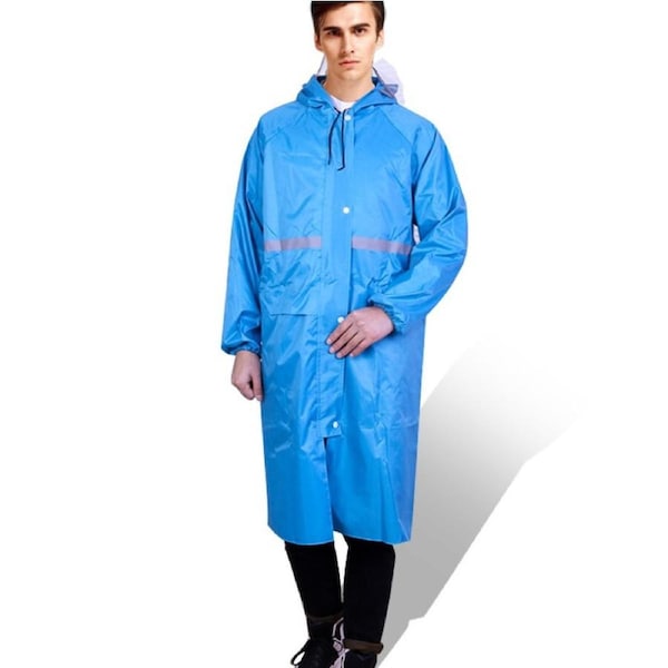Light blue L Men's Overalls Waterproof Raincoat Lightweight Work Hooded Long Coats RAIN COAT