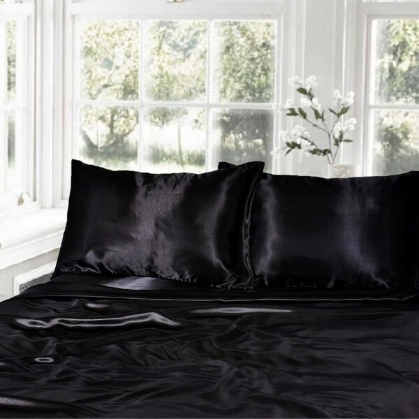 Double Size Black 1000TC Silk Silky Feel Satin Sheet Set