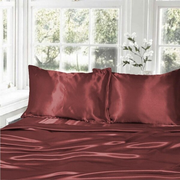 Double Size Burgundy 1000TC Silk Silky Feel Satin Sheet Set