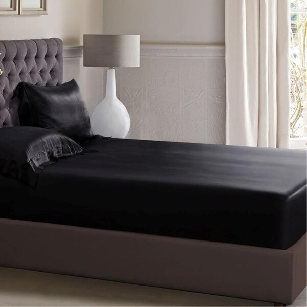 King Size Black 1000TC Silk Silky Feel Satin Fitted Sheet+Pillowcase