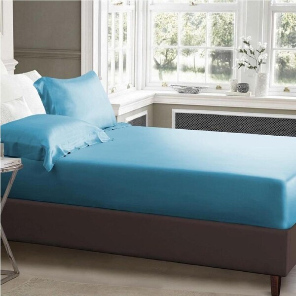 Double Size Aquamarine 1000TC Silk Silky Feel Satin Fitted Sheet+Pillowcase