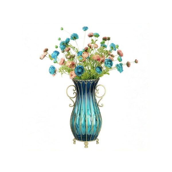 SOGA 51cm Blue Glass Tall Floor Vase with 12pcs Artificial Fake Flower Set