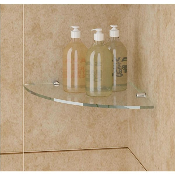 ELEGANT Bathroom Wall Corner Shelf with Sliver Supports 8mm Clear Tempered Glass