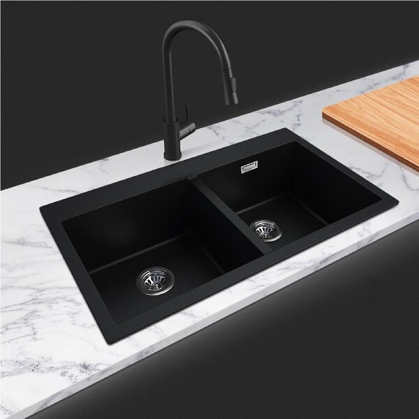 ACA Black Kitchen Sink 83.5x49CM Granite Stone Double Bowls with Overflow Top/Under/Flush Mount