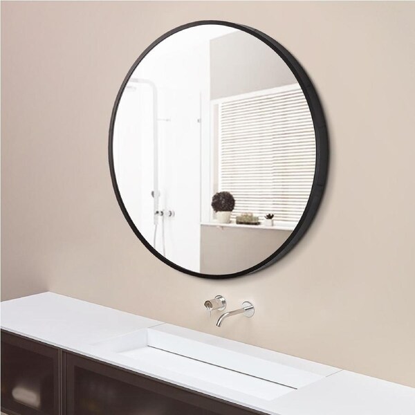 ACA 700x700x40mm Black Aluminum Framed Round Bathroom Wall Mirror with Brackets