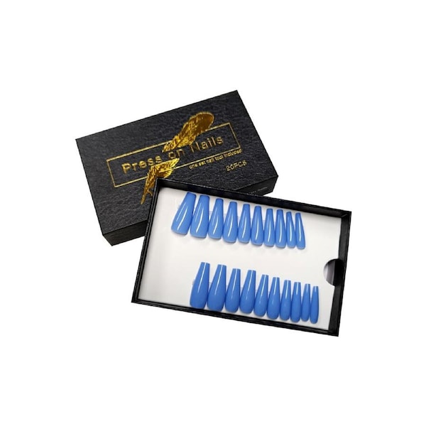 Press On Nail Tips Artificial Fake Long Coffin Self Adhesive Blue Glossy 20 pcs