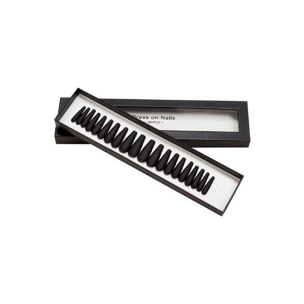 Press On Nail Tips Artificial Fake Long Coffin Self Adhesive Black Matte 20 pcs