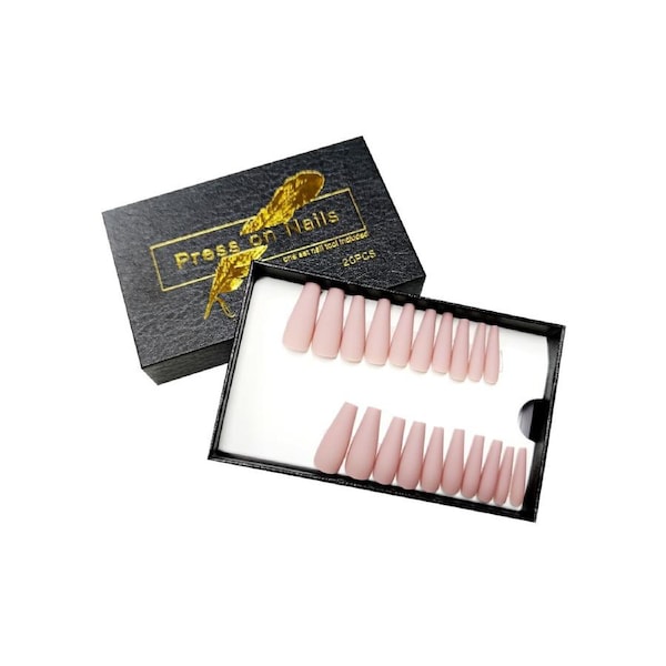 Press On Nail Tips Artificial Fake Coffin Self Adhesive Nude Matte 20 pcs