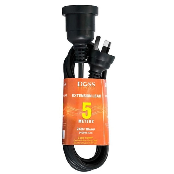 Doss 2400W Power Extension 5m Cable Lead 240V 3-Pin w/ 10Amp AC Plug Cord Black