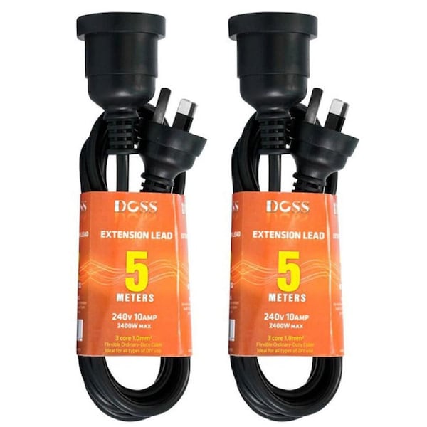 2x Doss 2400W Power Extension 5m Cable Lead 240V 3-Pin w/ 10Amp AC Plug Cord BLK