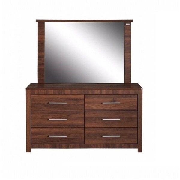 Design Square Modern 6-Drawer Dresser LowBoy Sideboard Buffet Unit With Mirror - Walnut
