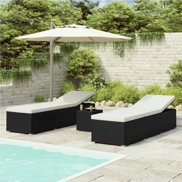 3 Piece Garden Sun Loungers with Tea Table Poly Rattan Black vidaXL