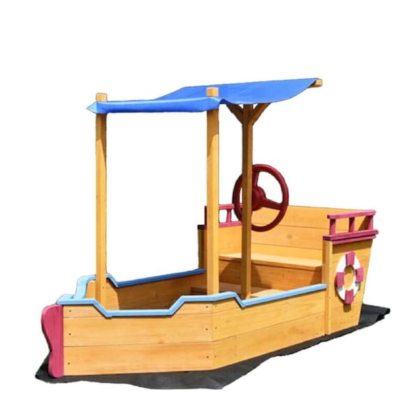 Pirate Boat Sandbox Kids Sandpit Wooden Outdoor Sand Pit With Canopy