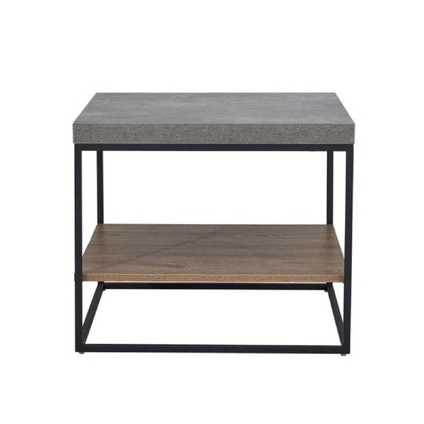Design Square Modern Open Shelf Nightstand End Side Lamp Table - Black Metal Legs - Cement Grey