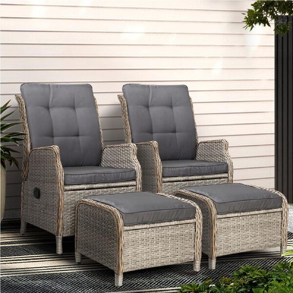 2x Gardeon Recliner Chairs Sun lounge Wicker Lounger Outdoor Furniture Adjustable Grey