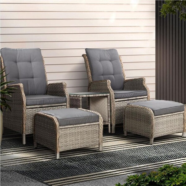 5PC Gardeon Recliner Chairs Table Sun lounge Wicker Outdoor Furniture Adjustable Grey