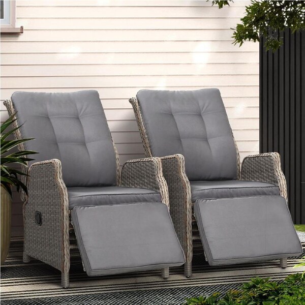 2x Gardeon Recliner Chairs Sun lounge Wicker Lounger Outdoor Furniture Adjustable Grey