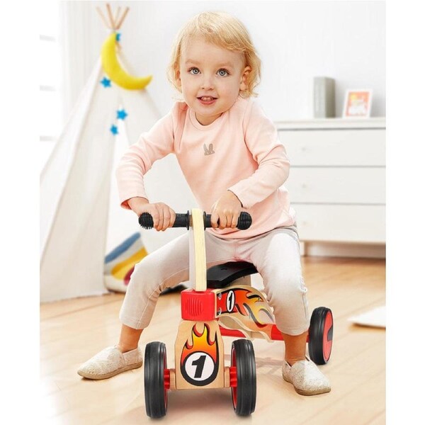 Ride on four wheeled wooden push bike on rubber wheels for toddlers.