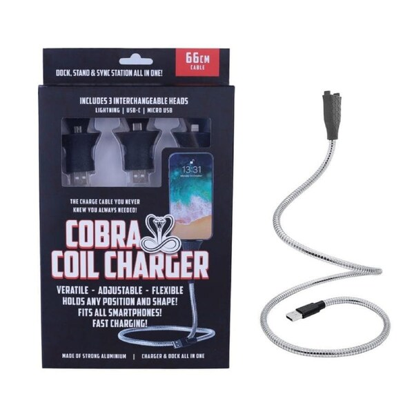 66cm Cobra Coil Mobile Charger Cable w/ USB-C/Micro-USB/Lightning Connector