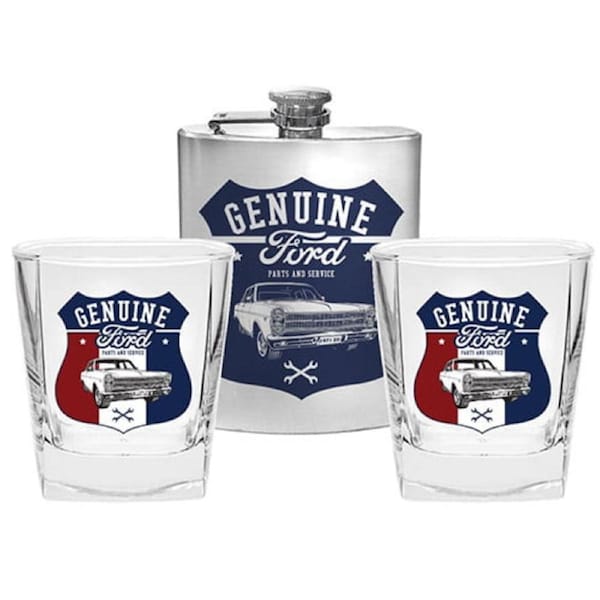 FORD Mustang Set of Two Spirit Glasses and Hip Flask