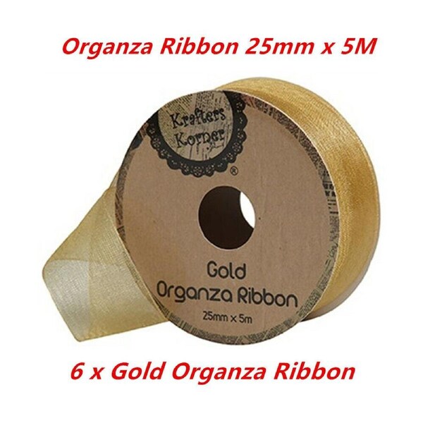 6 x Organza Ribbon Roll GOLD 25mm x 5M Sheer Transparent Wedding Decor Gift