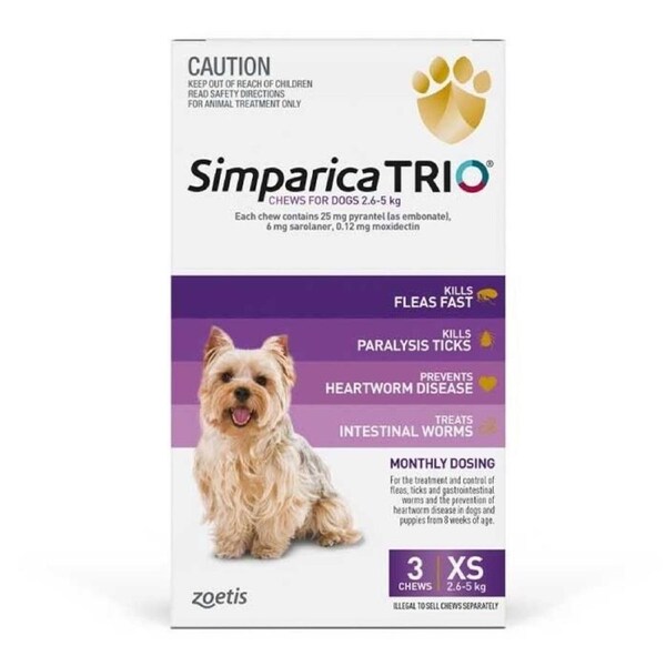 Simparica TRIO Purple 3 Pack for X-Small Dogs 2.6kg to 5kg Flea, Tick & Heartworm Treatment