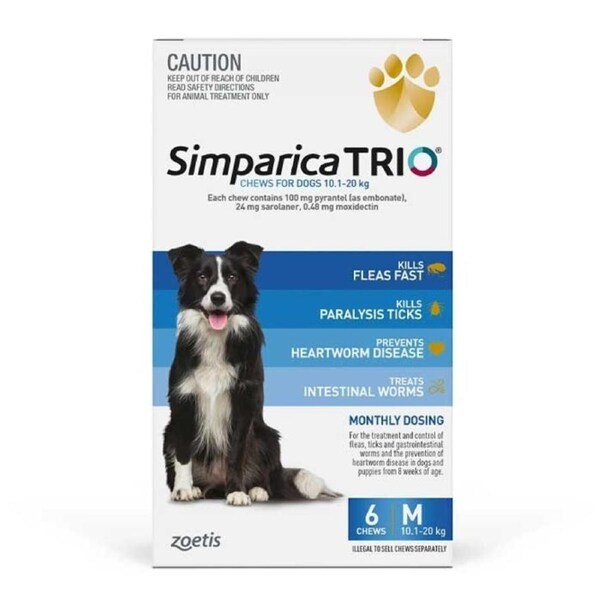 Simparica TRIO Blue 6 Pack for Dogs 10.1kg to 20kg Flea, Tick & Heartworm Chewables