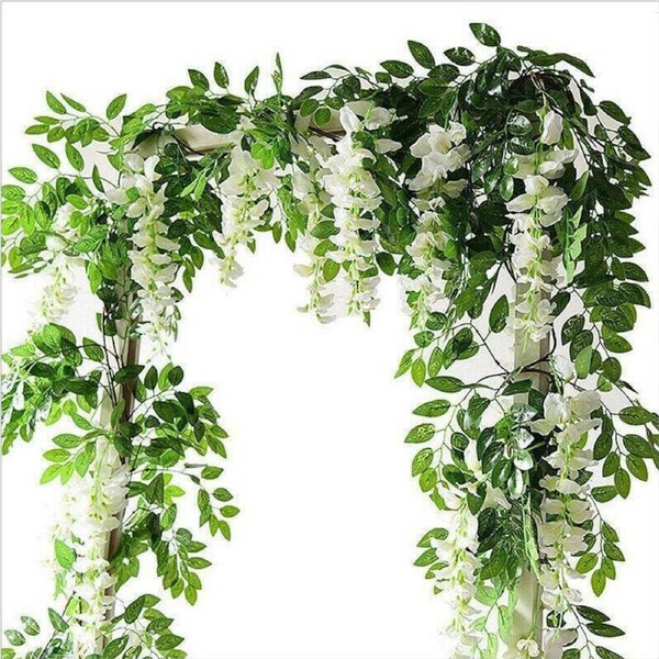 SpringUp White Artificial Silk Flowers Wisteria Hanging Fake Garden Plants Vines Decor Home