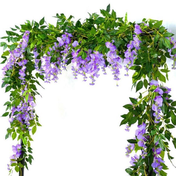 SpringUp 16 Pack Purple Artificial Silk Flowers Wisteria Hanging Fake Garden Plants Vines Decor Home