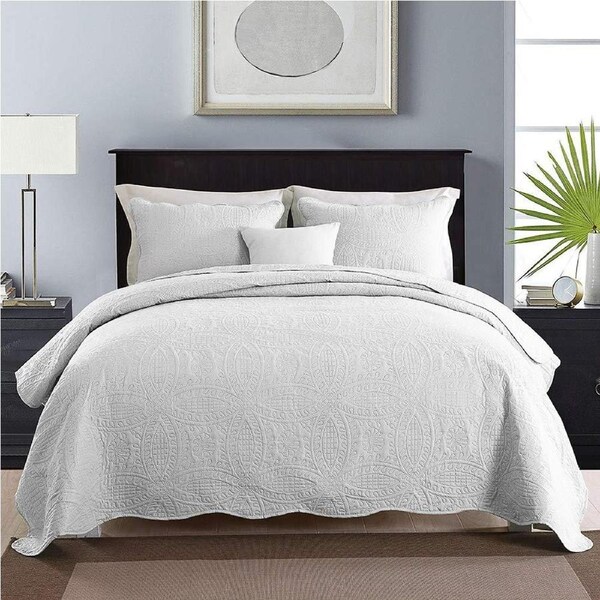 3 Piece Chic Microfibre Coverlet Bedspread Comforter Set King / Super King White 250x270cm