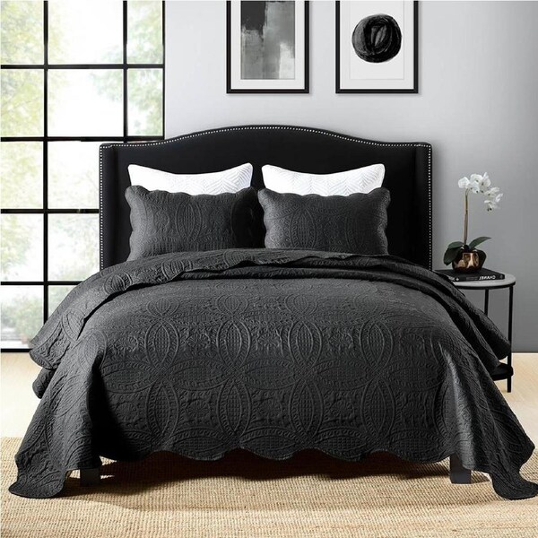 3 Piece Chic Microfibre Coverlet Bedspread Comforter Set Queen / King Black 230x250cm