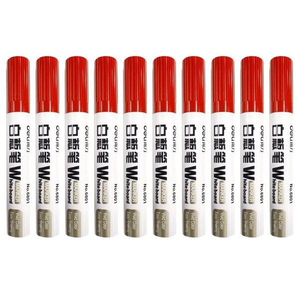 10pc Deli Office/Home Erasable Whiteboard Marker/Pen Bullet Tip Red